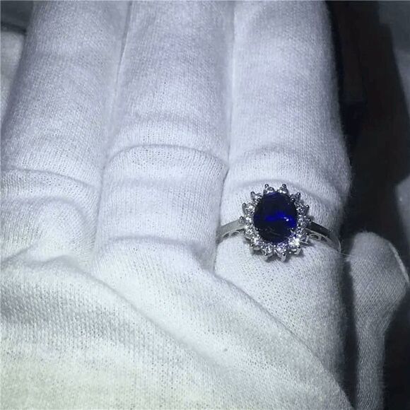SAPPHIRE DIAMOND HALO WHITE GOLD RING - SIZE 7 - Picture 4 of 7